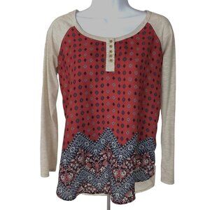 Rewind Top Women Size M Red Blue Tan Medallions Flowers Zig Zag Scoop Neckline